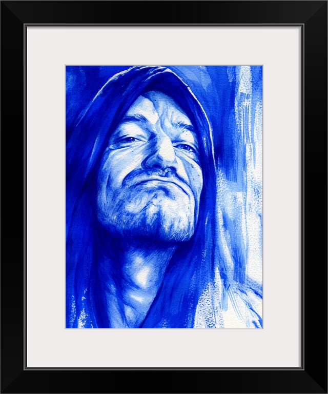 Watercolor portrait of Bono in shades of Ultramarine blue.