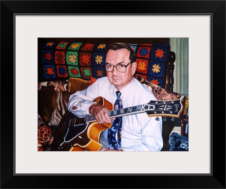 A contemporary watercolor portrait of a man holding a Gibson Super 400 guitar.