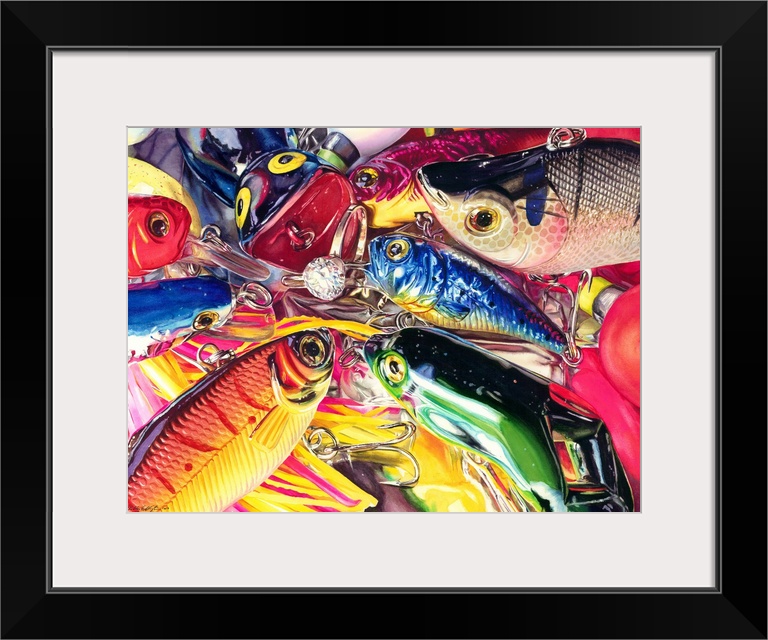 Watercolor painting from a collection of lures on foil is a sequel to Allure. The little blue fish is giving the freaking-...