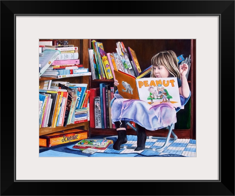 Contemporary watercolor painting of a young girl reading a book next to a bookcase.