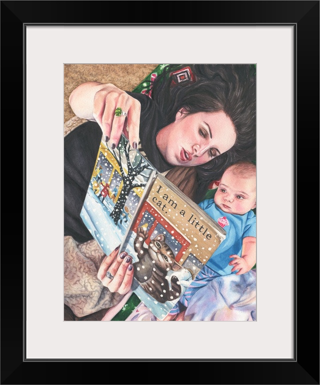 A watercolor portrait of a woman reading a book to an infant.