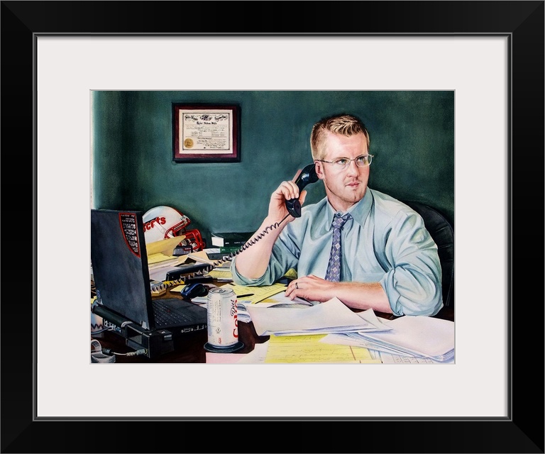 A contemporary portrait of a man sitting at his desk during his first year as a lawyer.