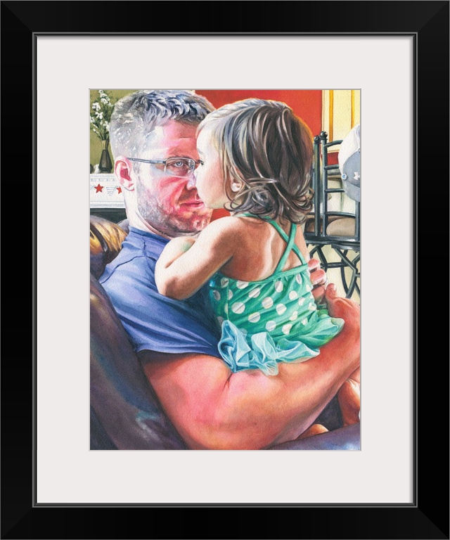 A vertical watercolor painting of a father holding is daughter.