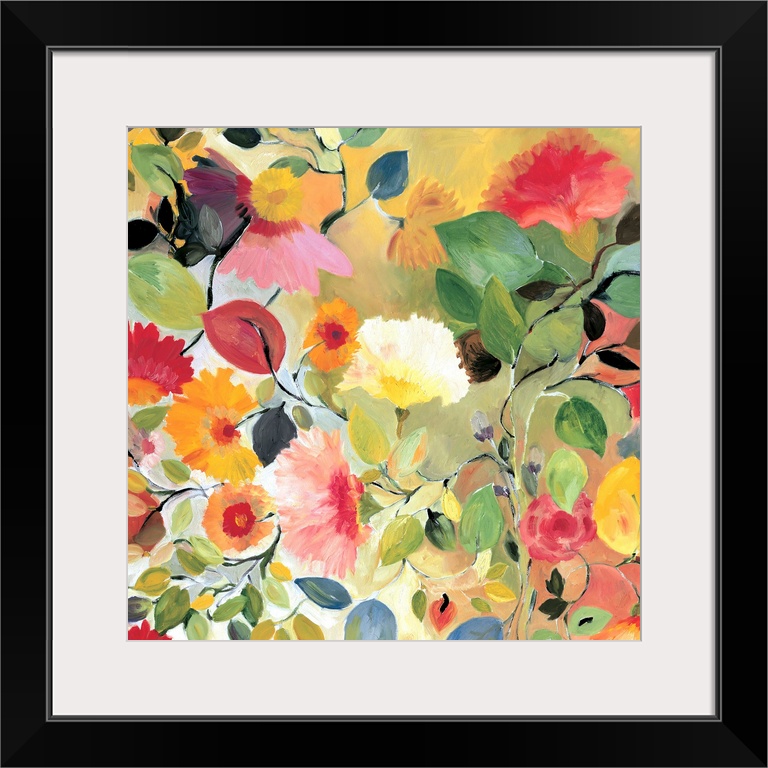 A series of flowers and leaves in warm colors and a soft style against a light background.