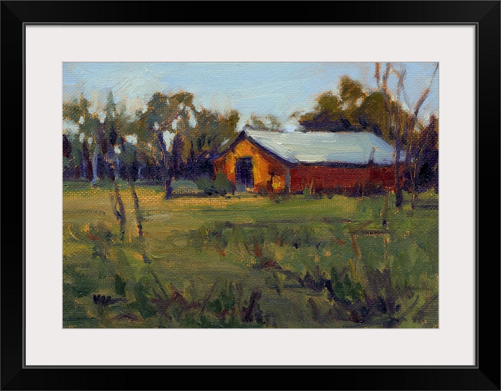 A horizontal contemporary painting of a barn near trees with a field in the foreground.