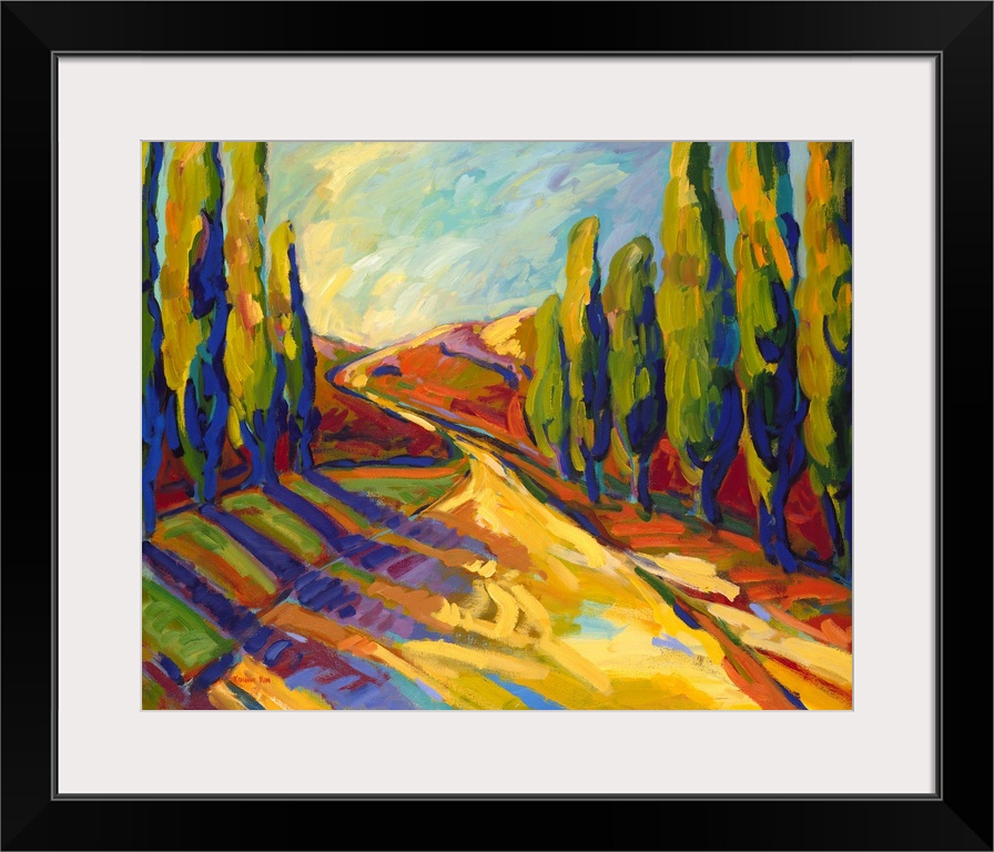 A contemporary painting of a small country road framed by cypress trees.