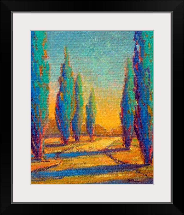 A contemporary painting of a small country road framed by cypress trees in the afternoon.