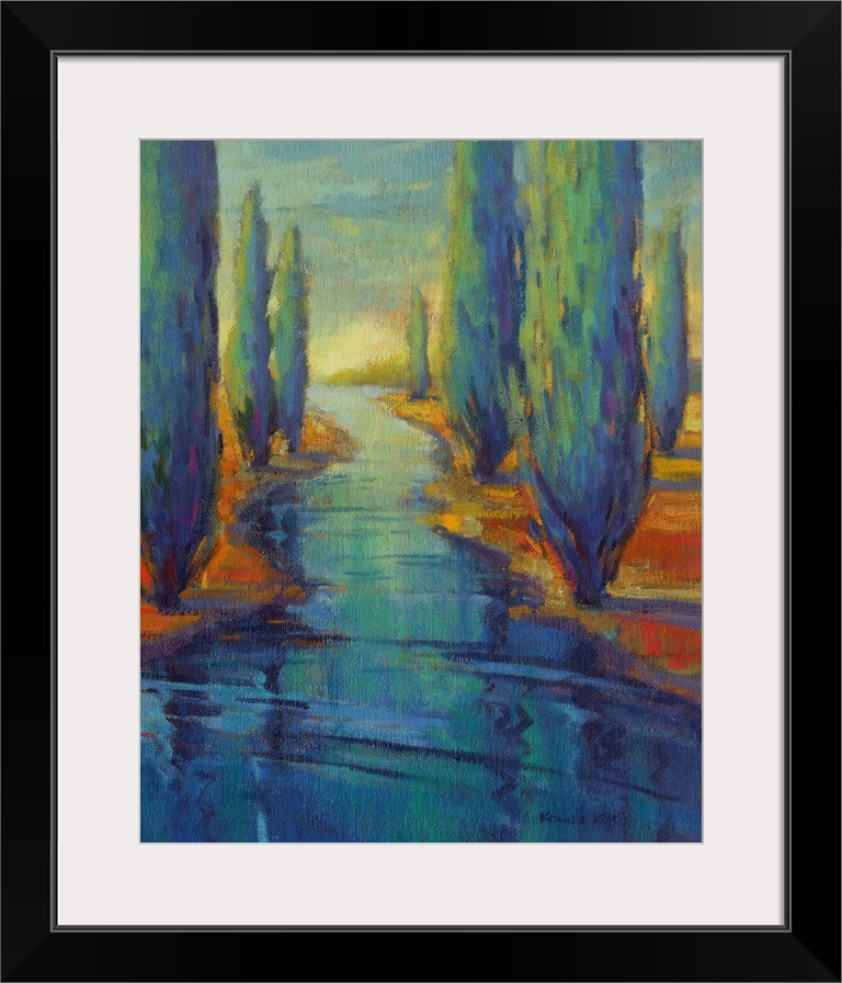 A vertical contemporary painting of a river framed by cypress trees.