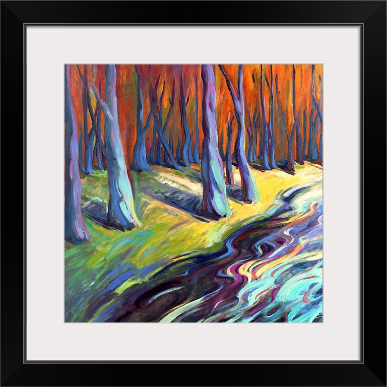 A contemporary abstract painting of a river in a forest painted with colorful brush strokes.