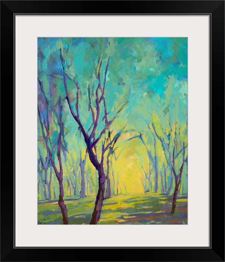 Vertical painting of a forest in colors of blue, green and yellow.