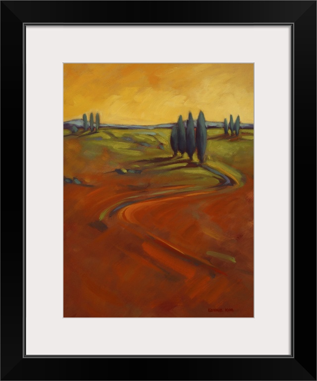 A contemporary painting of cypress trees on a hill in warm colors of orange and yellow.