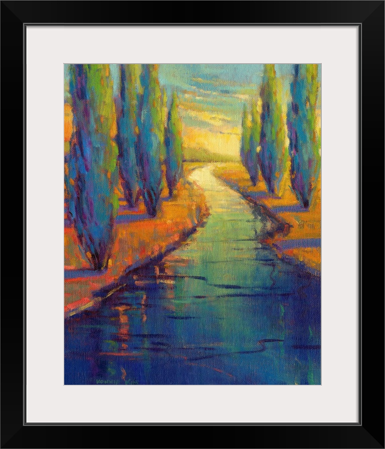 A contemporary abstract painting in colorful brush strokes of a river framed by trees.