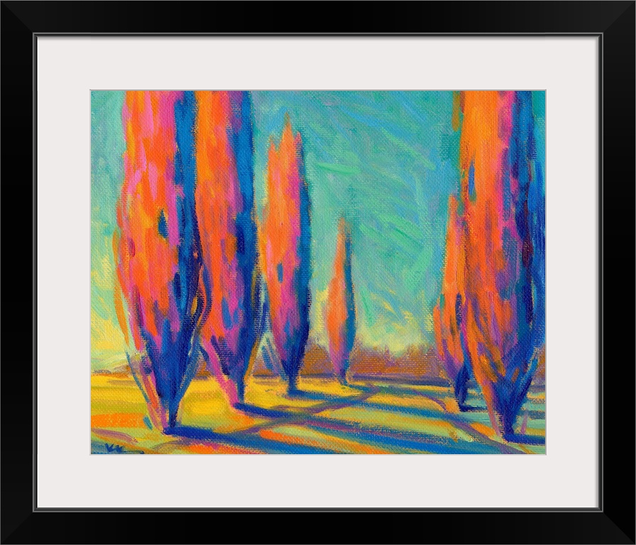 A contemporary painting of a small country road framed by cypress trees.