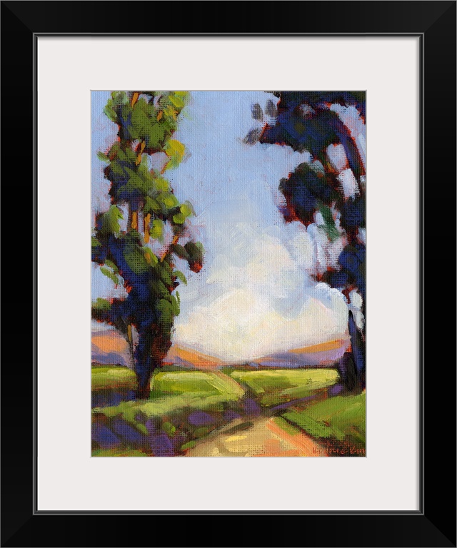 Vertical painting of a country road framed by two large trees.