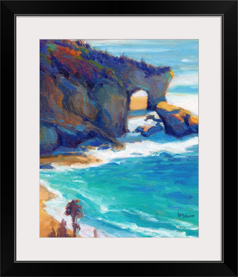 Contemporary painting of a rocky cliff and a beach with vivid blue water.