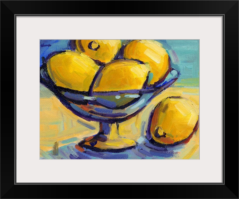 A contemporary abstract painting of a bowl of lemons against a blue background.