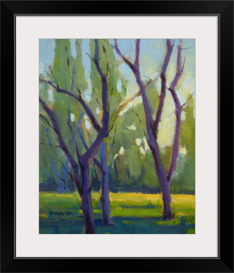 Vertical painting of bare trees.