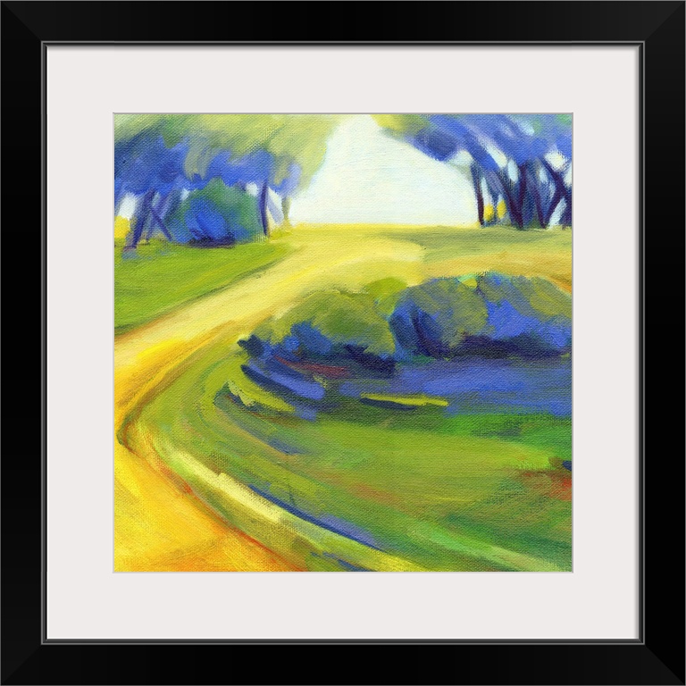 A square painting of a winding road in the countryside.