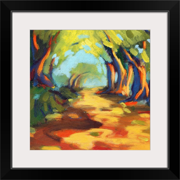 A contemporary painting of a rugged road framed by trees.