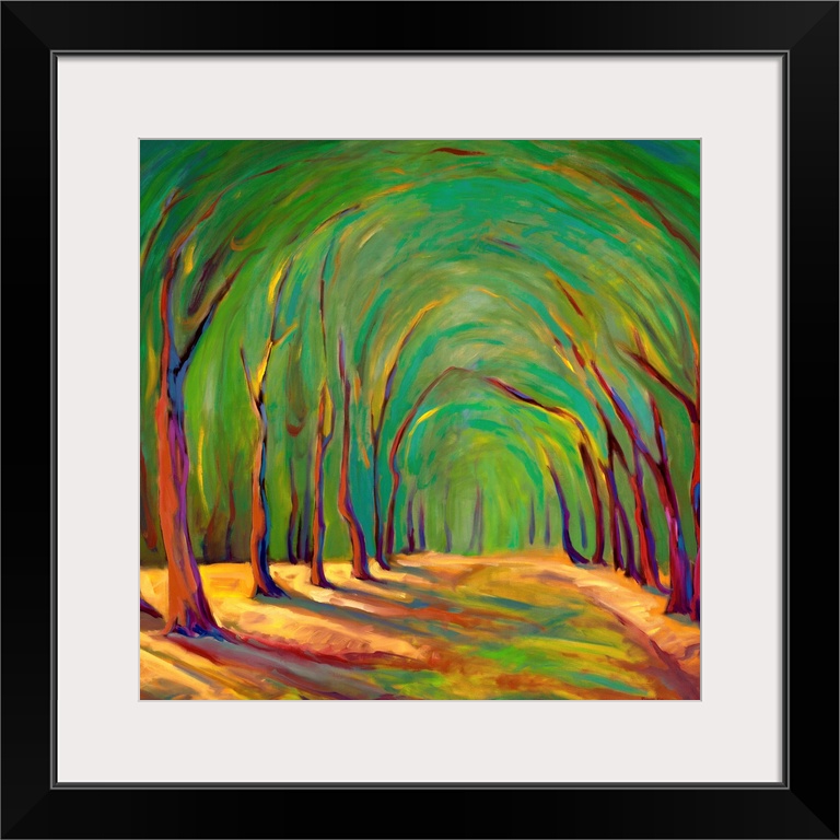 A contemporary painting of a small  road framed by trees.