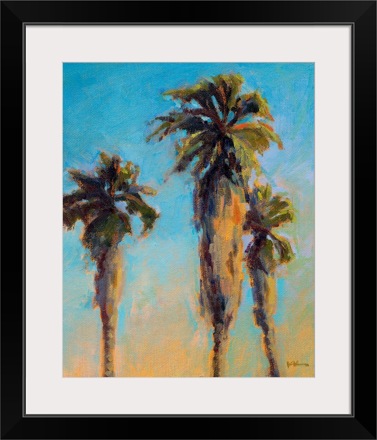 A vertical painting of palm trees.