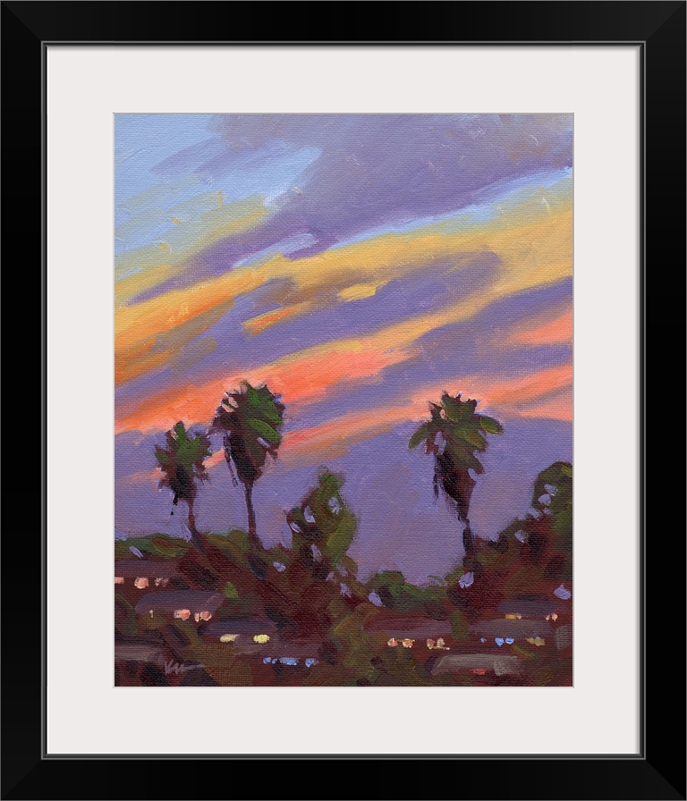 A vertical painting of palm trees with a vibrant sunset.