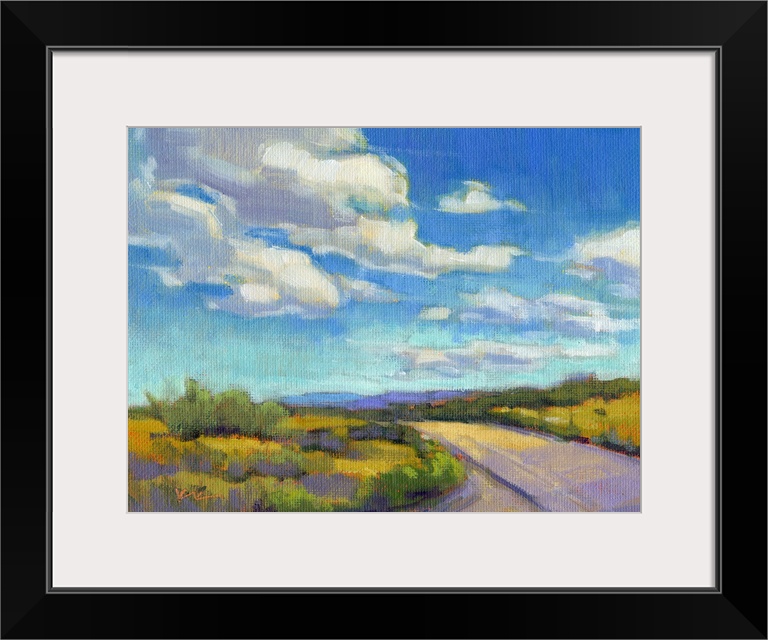 Contemporary landscape painting of a road going through green fields with clouds and a blue sky above.