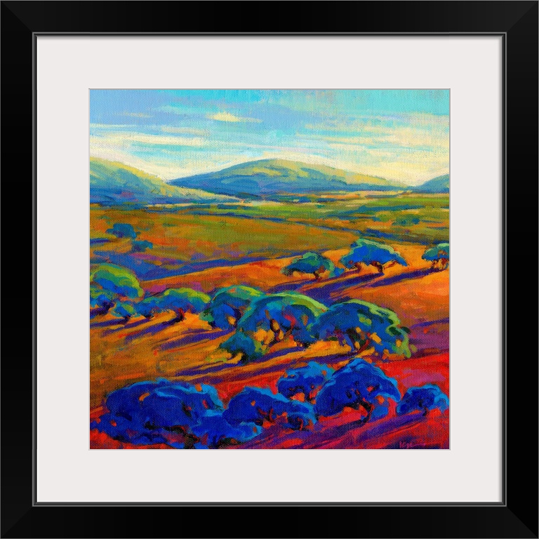 A square contemporary painting of a row of trees and rolling hills in vibrant colors.