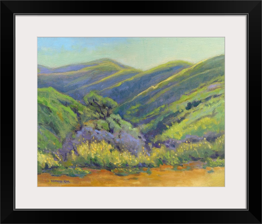 A contemporary painting of a row of trees and rolling hills in vibrant colors.