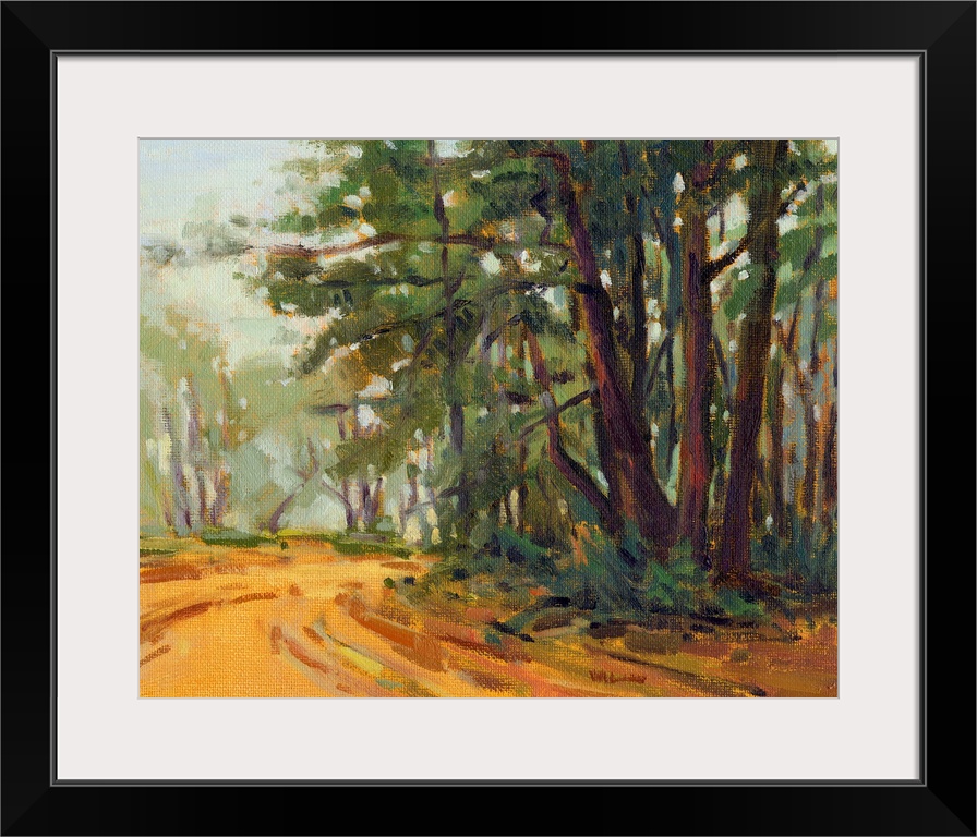 A contemporary painting of a small country road framed by a forest.