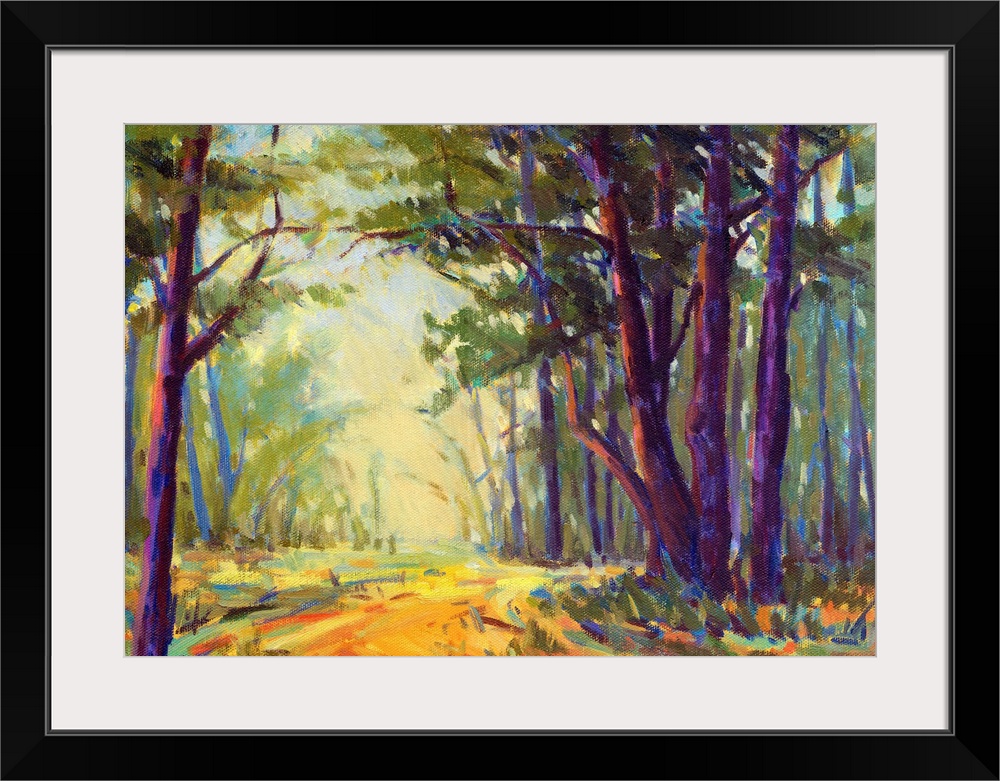 A horizontal contemporary painting of path through a forest.