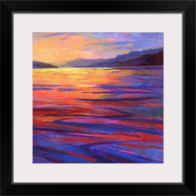 A square contemporary painting of waves in the water at sunset.