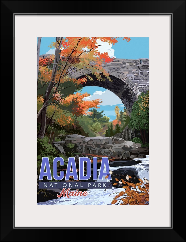 Acadia National Park, Duck Brook Bridge: Retro Travel Poster