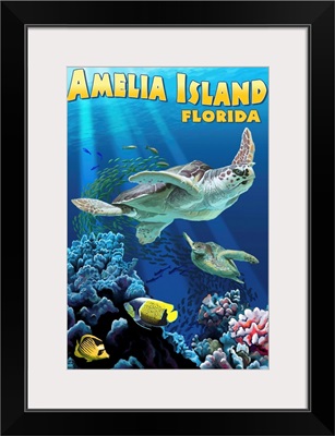 Amelia Island, Florida - Sea Turtle Swimming: Retro Travel Poster