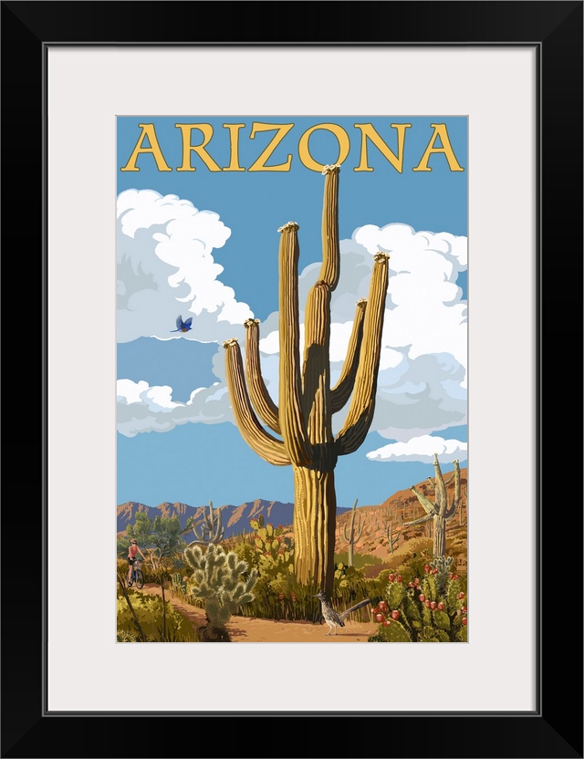 Arizona - Saguaro and Roadrunner: Retro Travel Poster