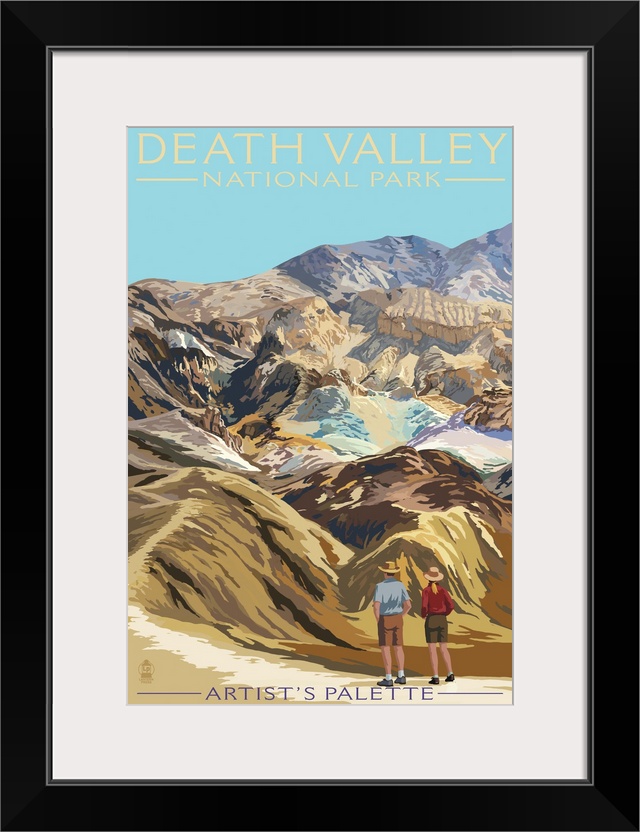 Retro stylized art poster of a couple gazing out over a desert valley.