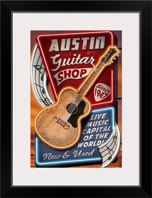 Austin, Texas - Guitar Shop Vintage Sign: Retro Travel Poster