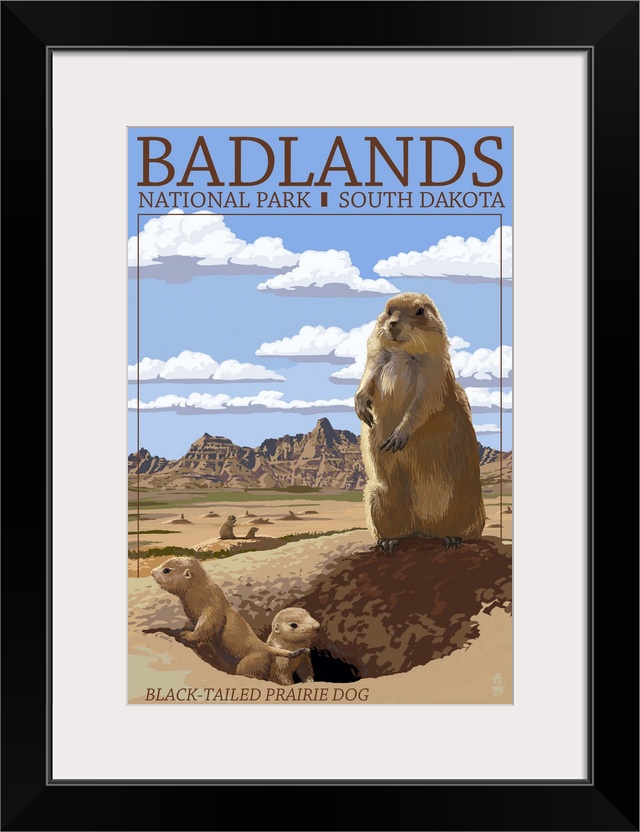 Badlands National Park, South Dakota - Prairie Dogs: Retro Travel Poster