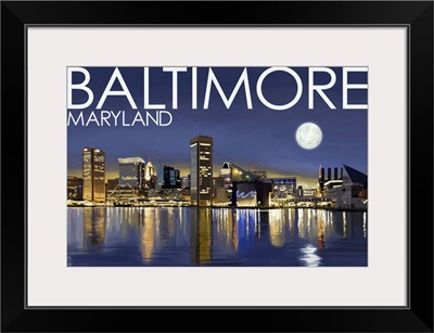 Baltimore, Maryland - Skyline at Night: Retro Travel Poster