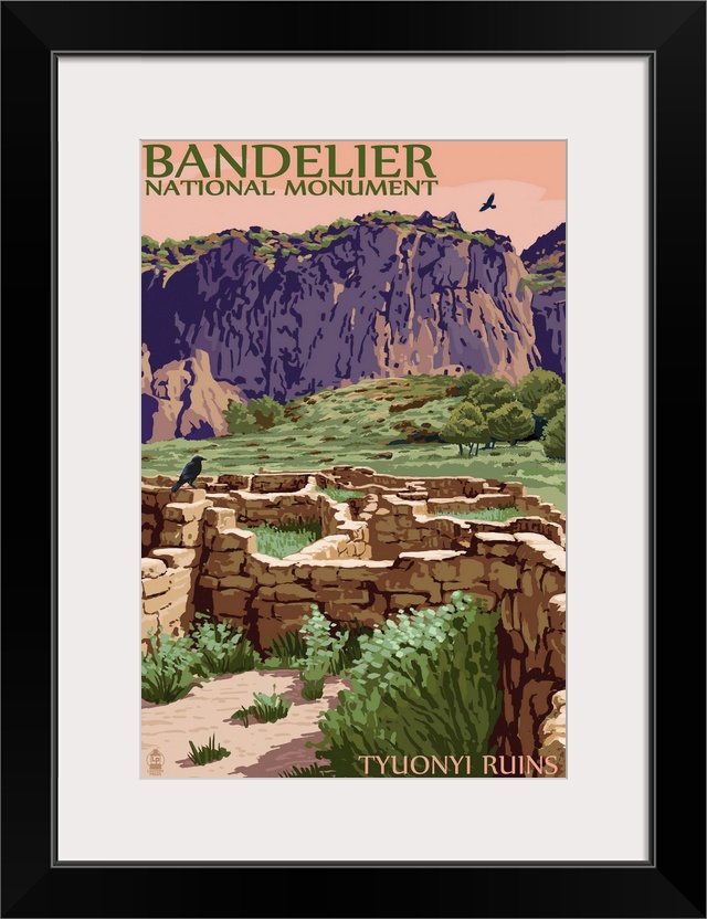 Bandelier National Monument, New Mexico - Tyuonyi Ruins: Retro Travel Poster