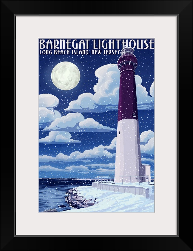 Barnegat Lighthouse - Snow Scene - New Jersey Shore: Retro Travel Poster