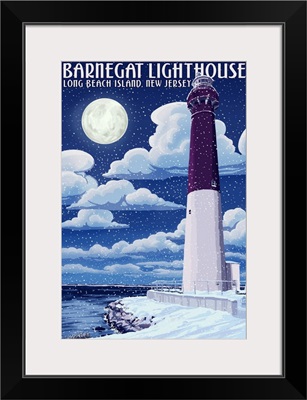 Barnegat Lighthouse - Snow Scene - New Jersey Shore: Retro Travel Poster