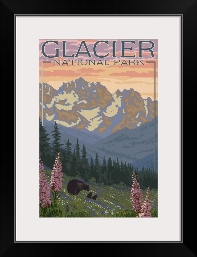 Bear and Cubs with Flowers - Glacier National Park, Montana: Retro Travel Poster