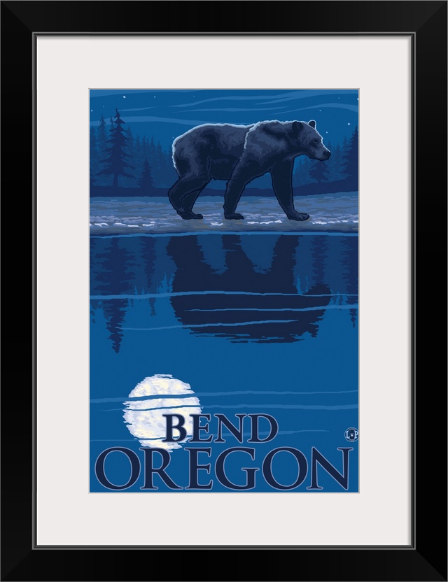 Bear in Moonlight - Bend, Oregon: Retro Travel Poster