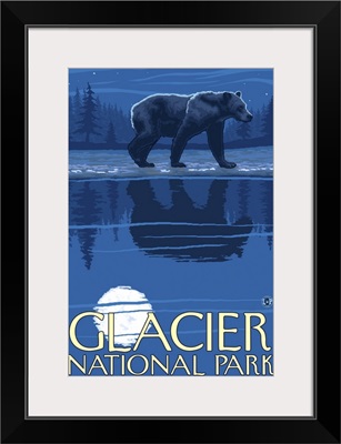Bear in Moonlight - Glacier National Park, Montana: Retro Travel Poster
