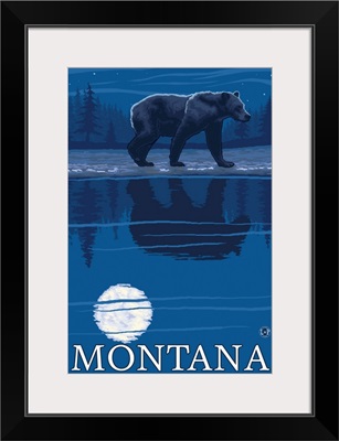 Bear with Moonlight - Montana: Retro Travel Poster