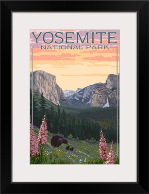 Bears and Spring Flowers - Yosemite National Park, California: Retro Travel Poster