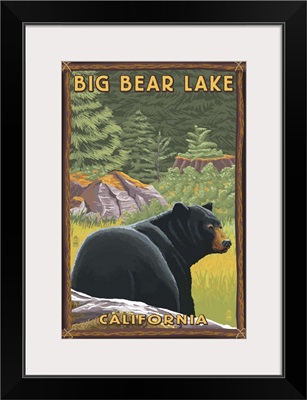 Big Bear Lake, California - Black Bear in Forest: Retro Travel Poster