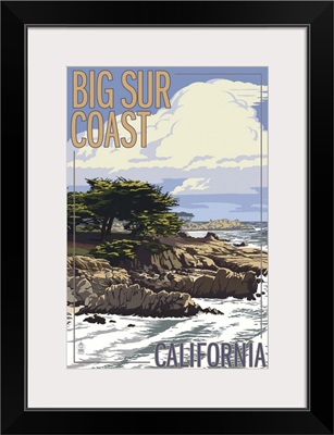 Big Sur Coast, California - View of Cypress Trees: Retro Travel Poster