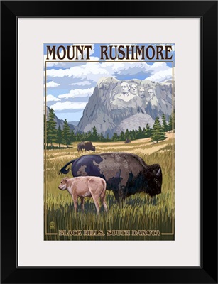 Black Hills, South Dakota - Bison Grazing: Retro Travel Poster
